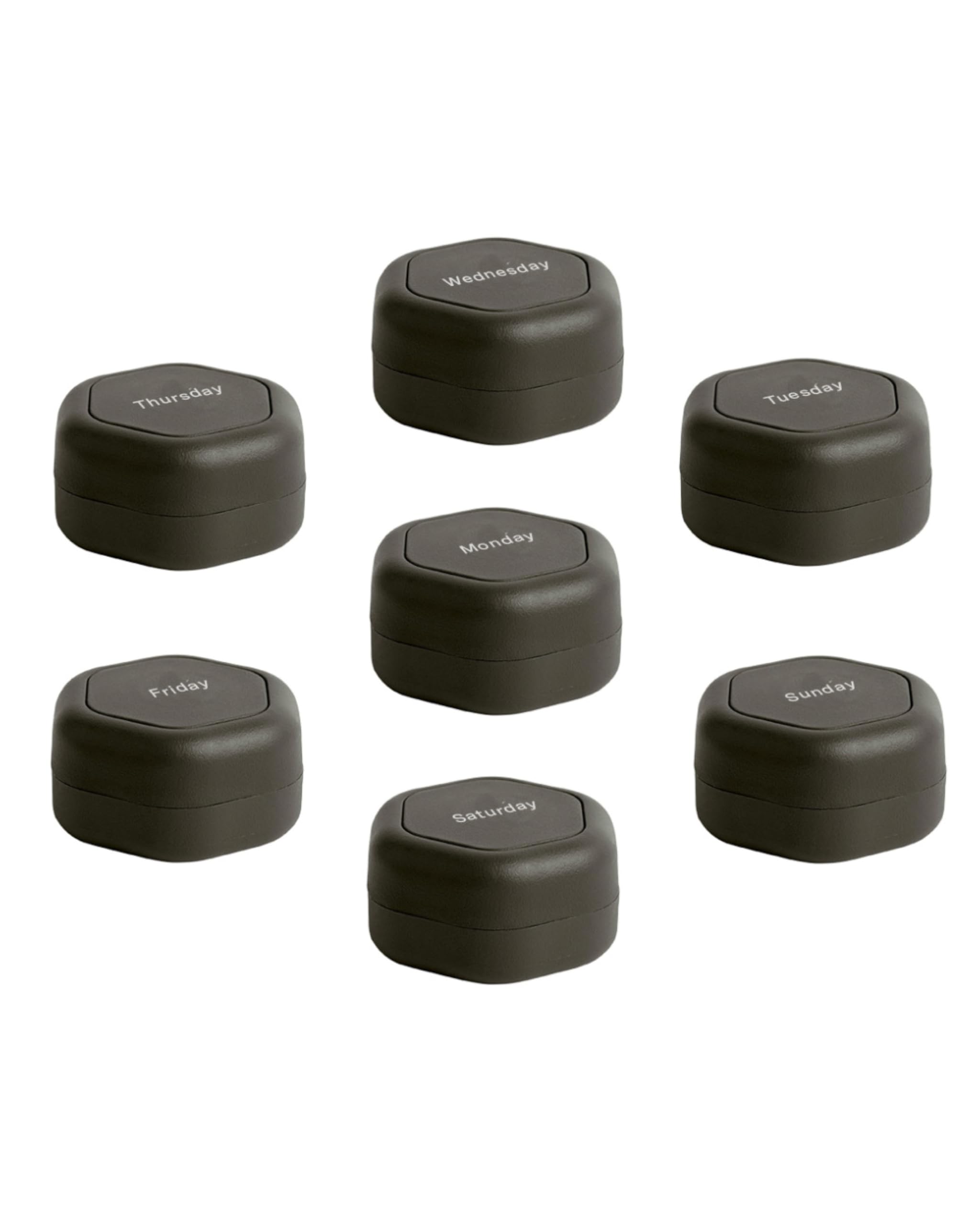 Cadence Travel Containers - Pill Case Set - Magnetic Travel Capsules - A Daily Pill Box for Supplements & Vitamins - Contains 7 Flex Smalls (0.56oz) with Labels for Everyday of The Week - Charcoal