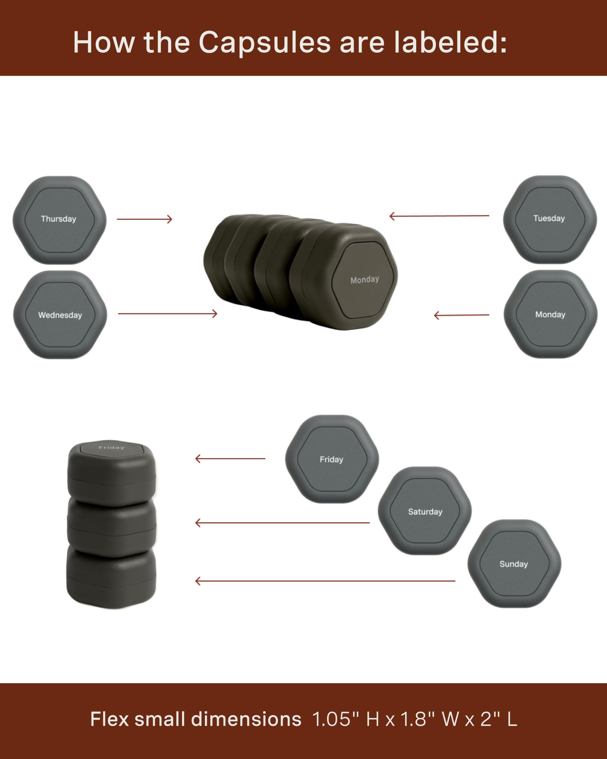 Cadence Travel Containers - Pill Case Set - Magnetic Travel Capsules - A Daily Pill Box for Supplements & Vitamins - Contains 7 Flex Smalls (0.56oz) with Labels for Everyday of The Week - Charcoal
