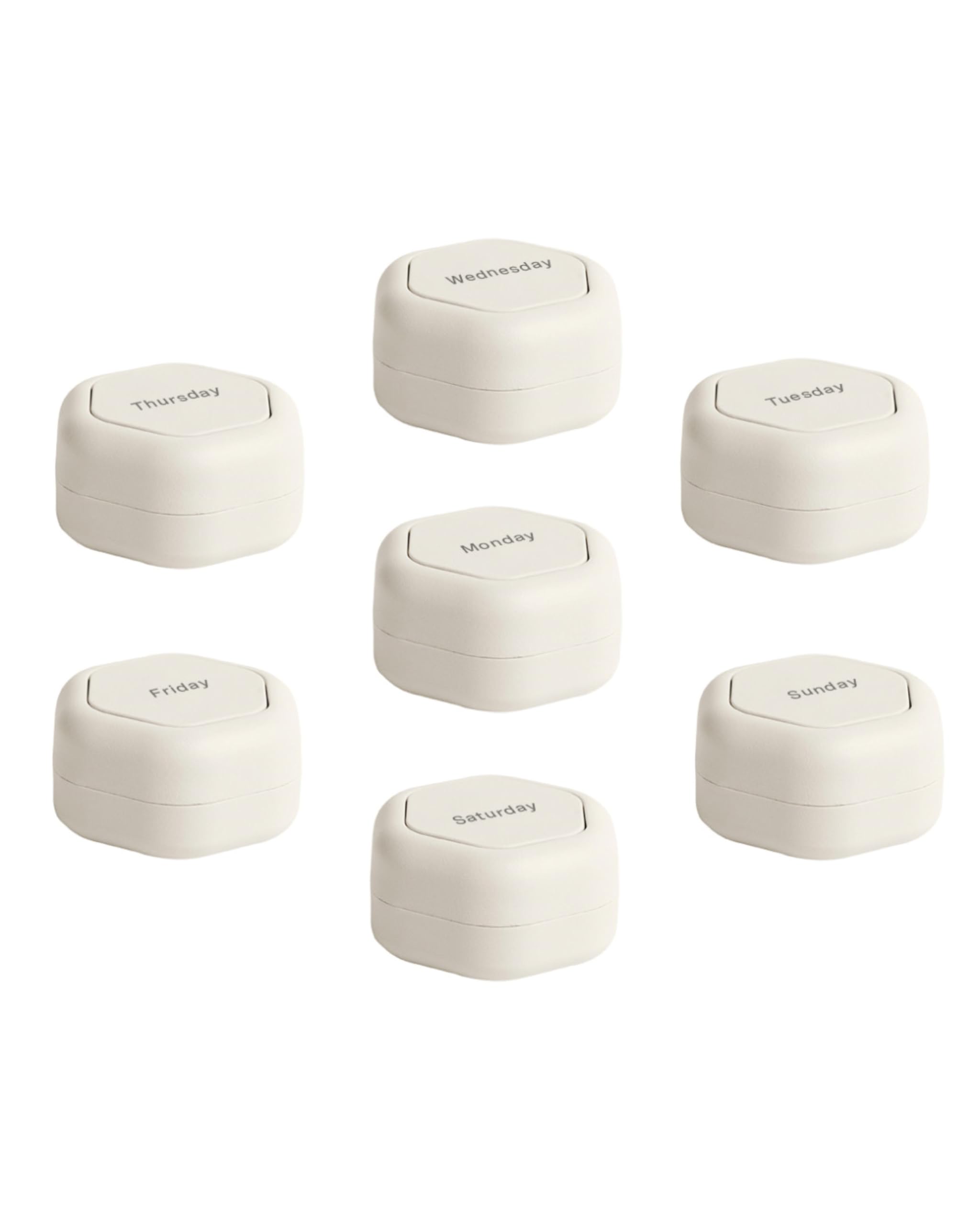 Cadence Travel Containers - Pill Case Set - Magnetic Travel Capsules - A Daily Pill Box for Supplements & Vitamins - Contains 7 Flex Smalls (0.56oz) with Labels for Everyday of The Week - Sand