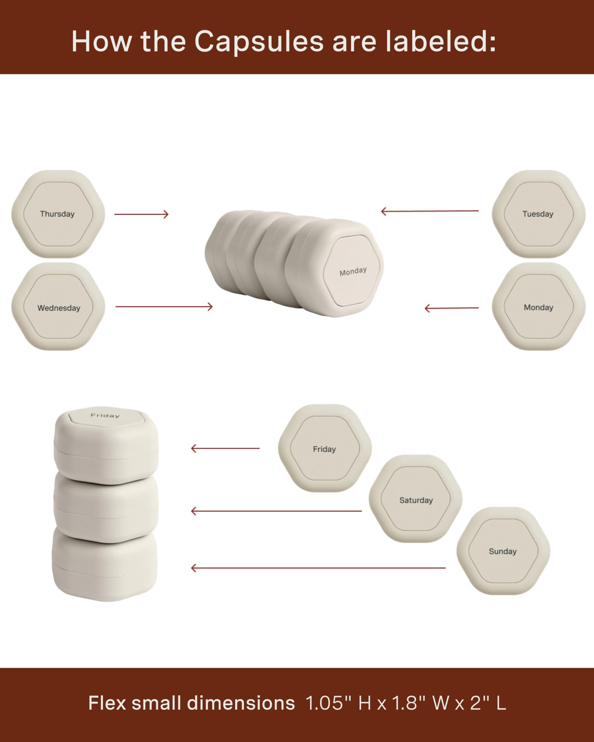 Cadence Travel Containers - Pill Case Set - Magnetic Travel Capsules - A Daily Pill Box for Supplements & Vitamins - Contains 7 Flex Smalls (0.56oz) with Labels for Everyday of The Week - Sand