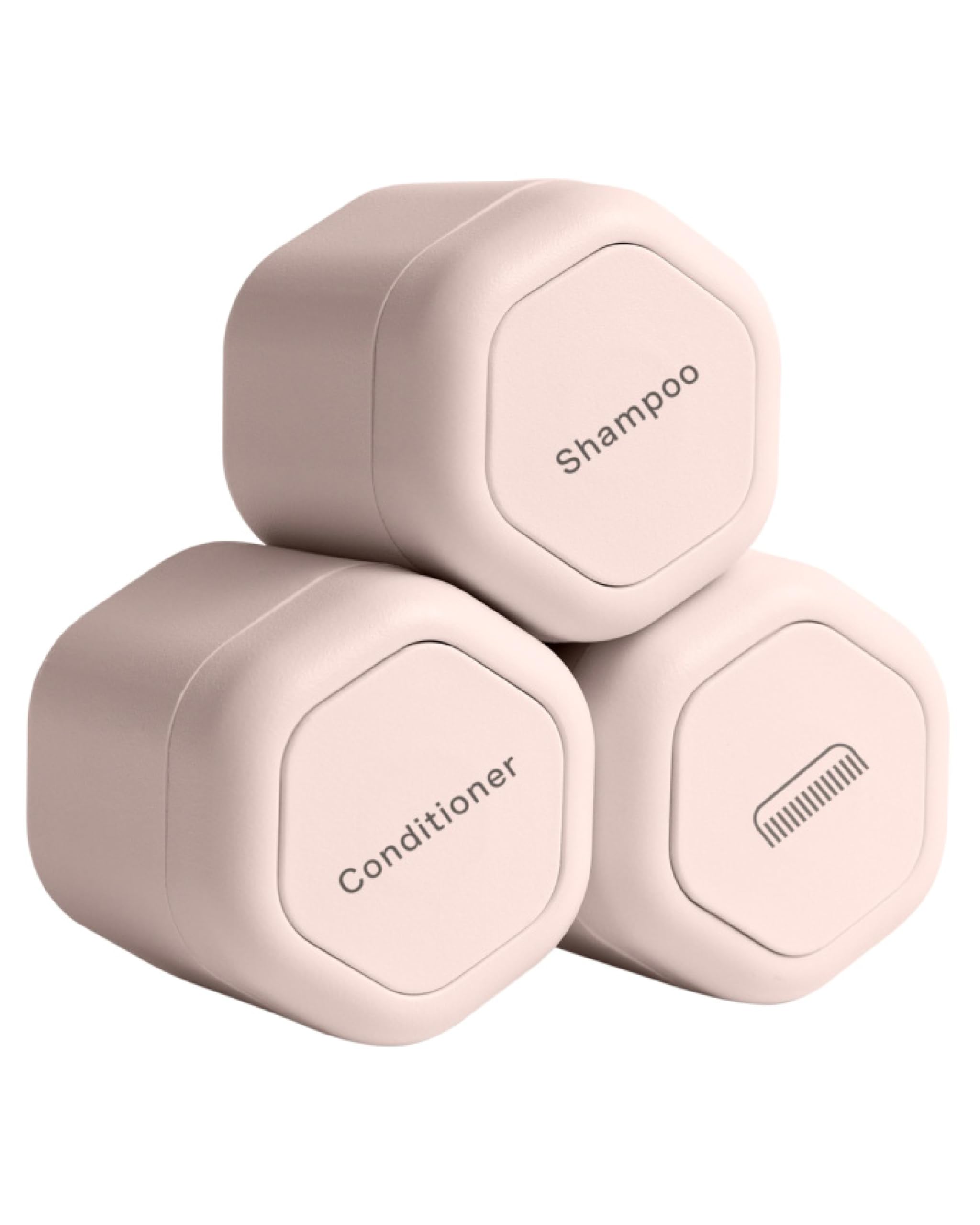 Cadence Travel Containers - Haircare Set - Magnetic Travel Capsules - For Shampoo, Conditioner, Hair Styling Product - 3 Flex Mediums (1.32oz) with Shampoo, Conditioner & Comb Icon Labels - Petal