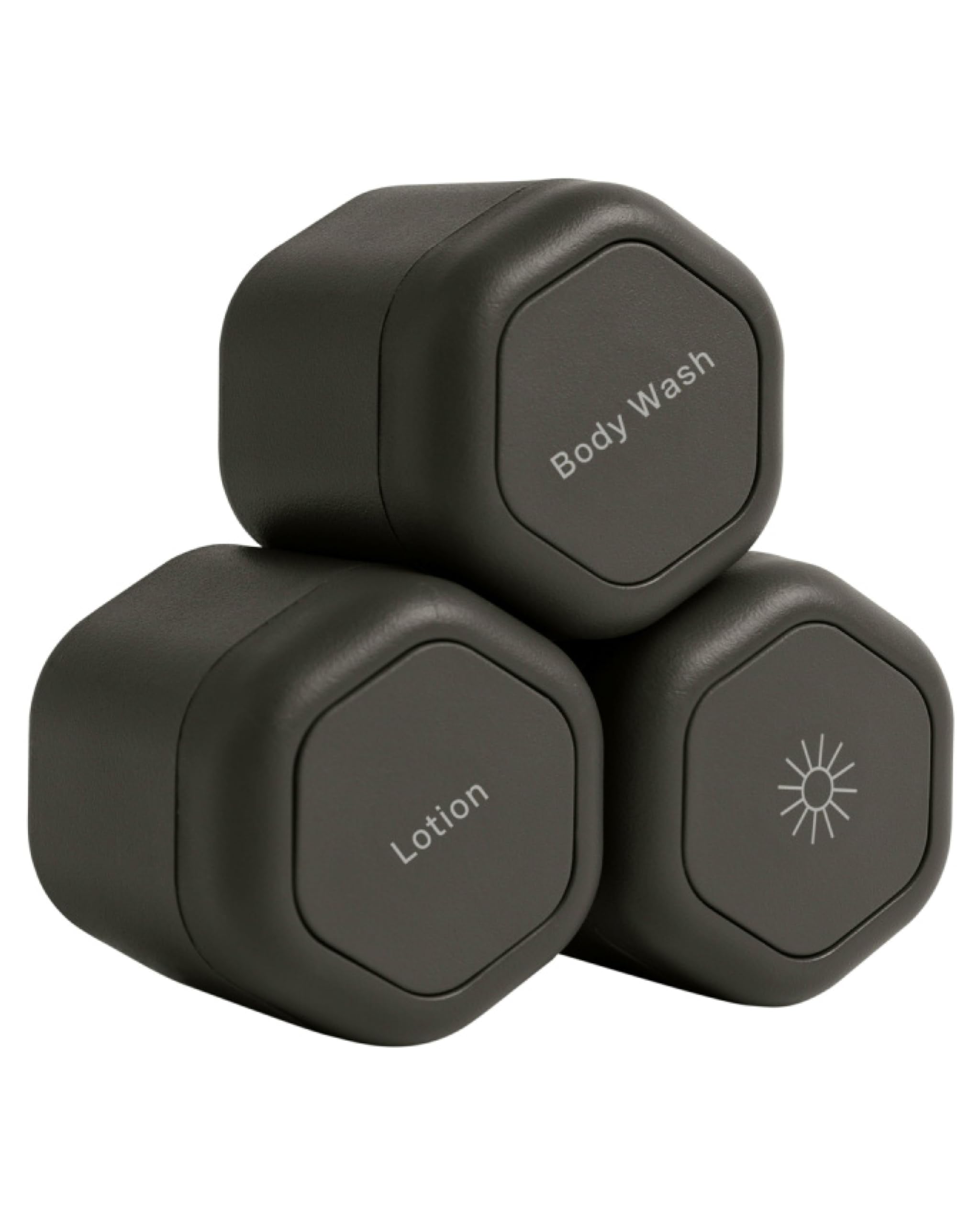 Cadence Travel Containers - Haircare Set - Magnetic Travel Capsules - For Shampoo, Conditioner, Hair Styling Product - 3 Flex Mediums (1.32oz) with Shampoo, Conditioner & Comb Icon Labels - Petal