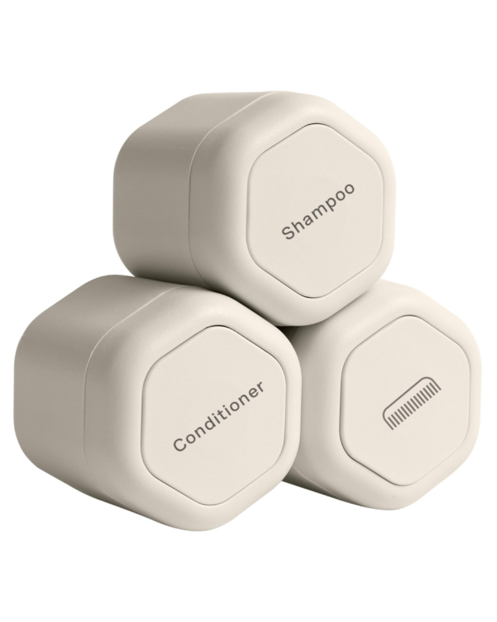 Cadence Travel Containers - Haircare Set - Magnetic Travel Capsules - For Shampoo, Conditioner, Hair Styling Product - 3 Flex Mediums (1.32oz) with Shampoo, Conditioner & Comb Icon Labels - Petal