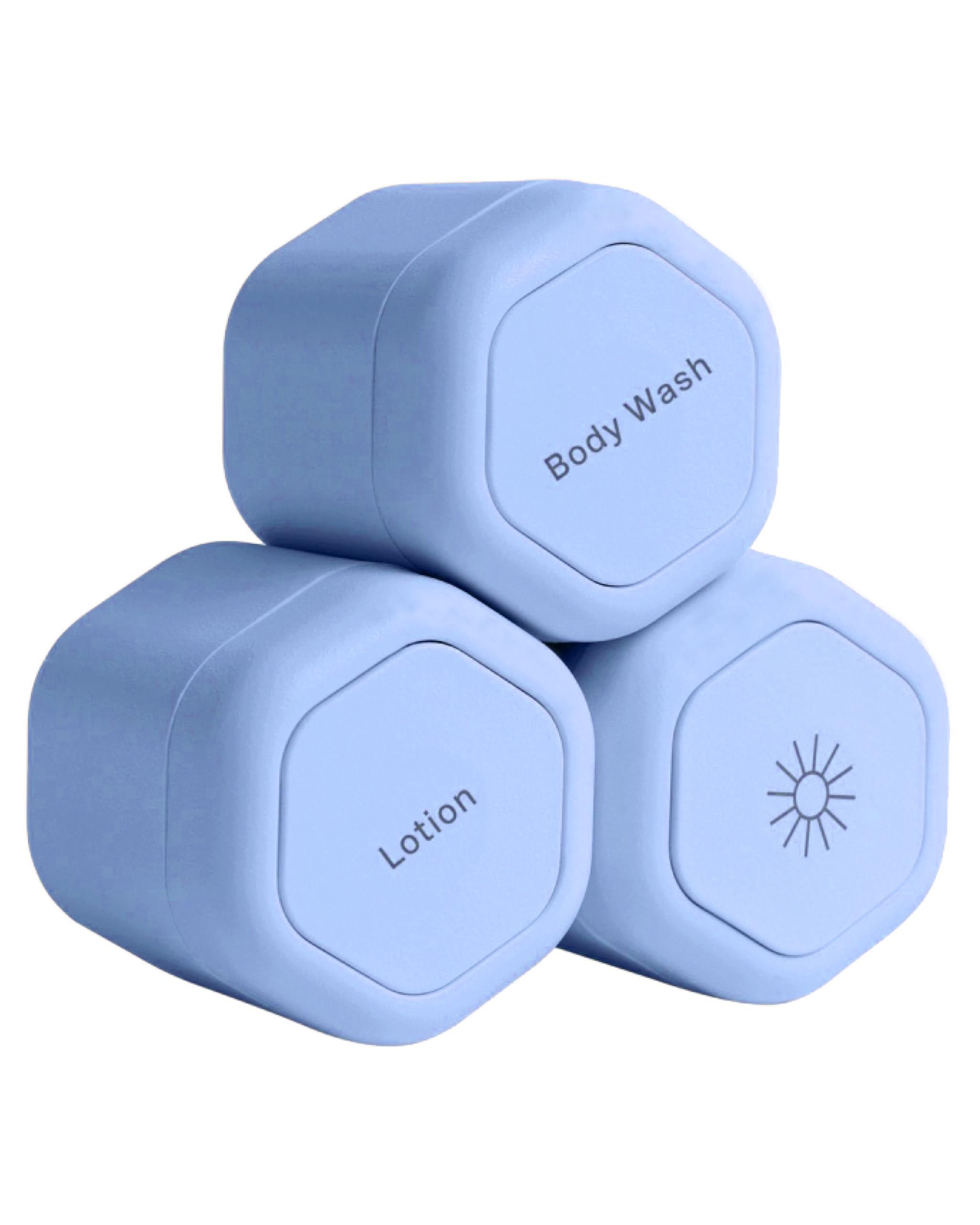 Cadence Travel Containers - Haircare Set - Magnetic Travel Capsules - For Shampoo, Conditioner, Hair Styling Product - 3 Flex Mediums (1.32oz) with Shampoo, Conditioner & Comb Icon Labels - Sand