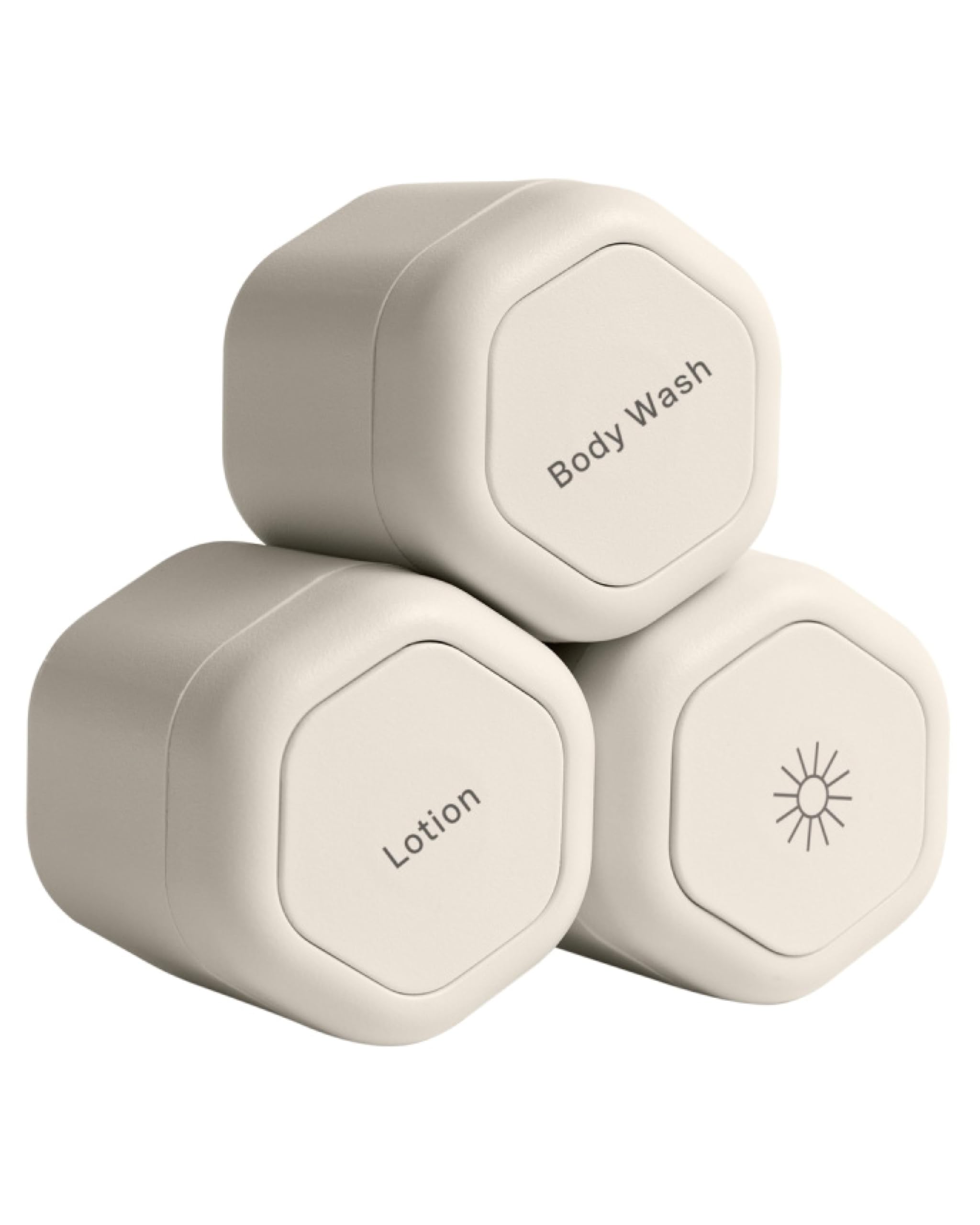Cadence Travel Containers - Haircare Set - Magnetic Travel Capsules - For Shampoo, Conditioner, Hair Styling Product - 3 Flex Mediums (1.32oz) with Shampoo, Conditioner & Comb Icon Labels - Sand