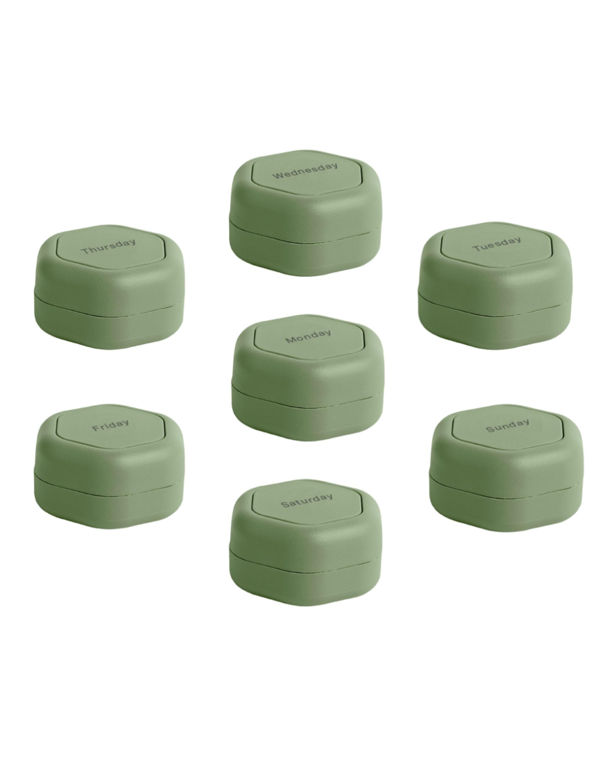 Cadence Travel Containers - Pill Case Set - Magnetic Travel Capsules - A Daily Pill Box for Supplements & Vitamins - Contains 7 Flex Smalls (0.56oz) with Labels for Everyday of The Week - Eucalyptus