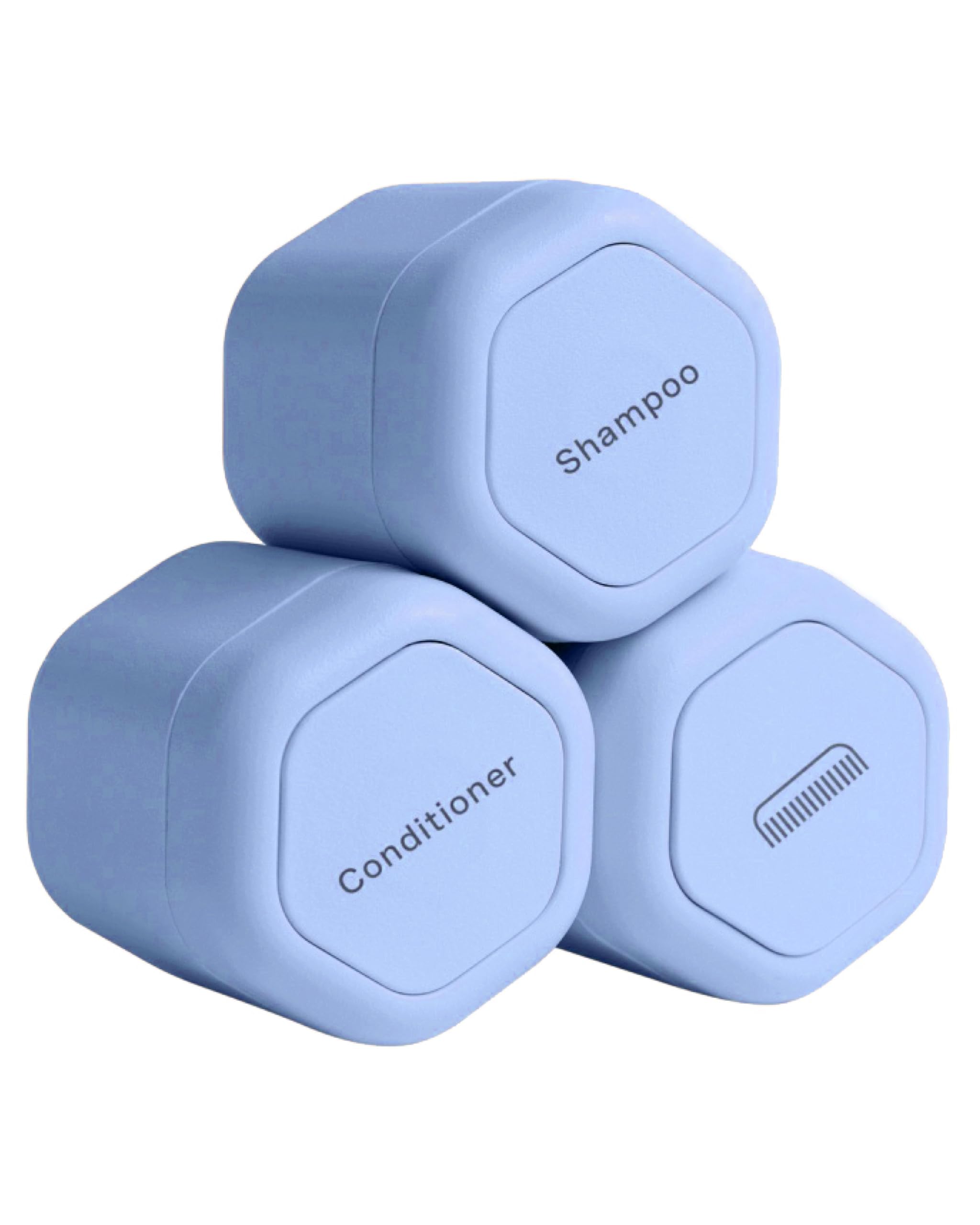 Cadence Travel Containers - Haircare Set - Magnetic Travel Capsules - For Shampoo, Conditioner, Hair Styling Product - 3 Flex Mediums (1.32oz) with Shampoo, Conditioner & Comb Icon Labels - Sand