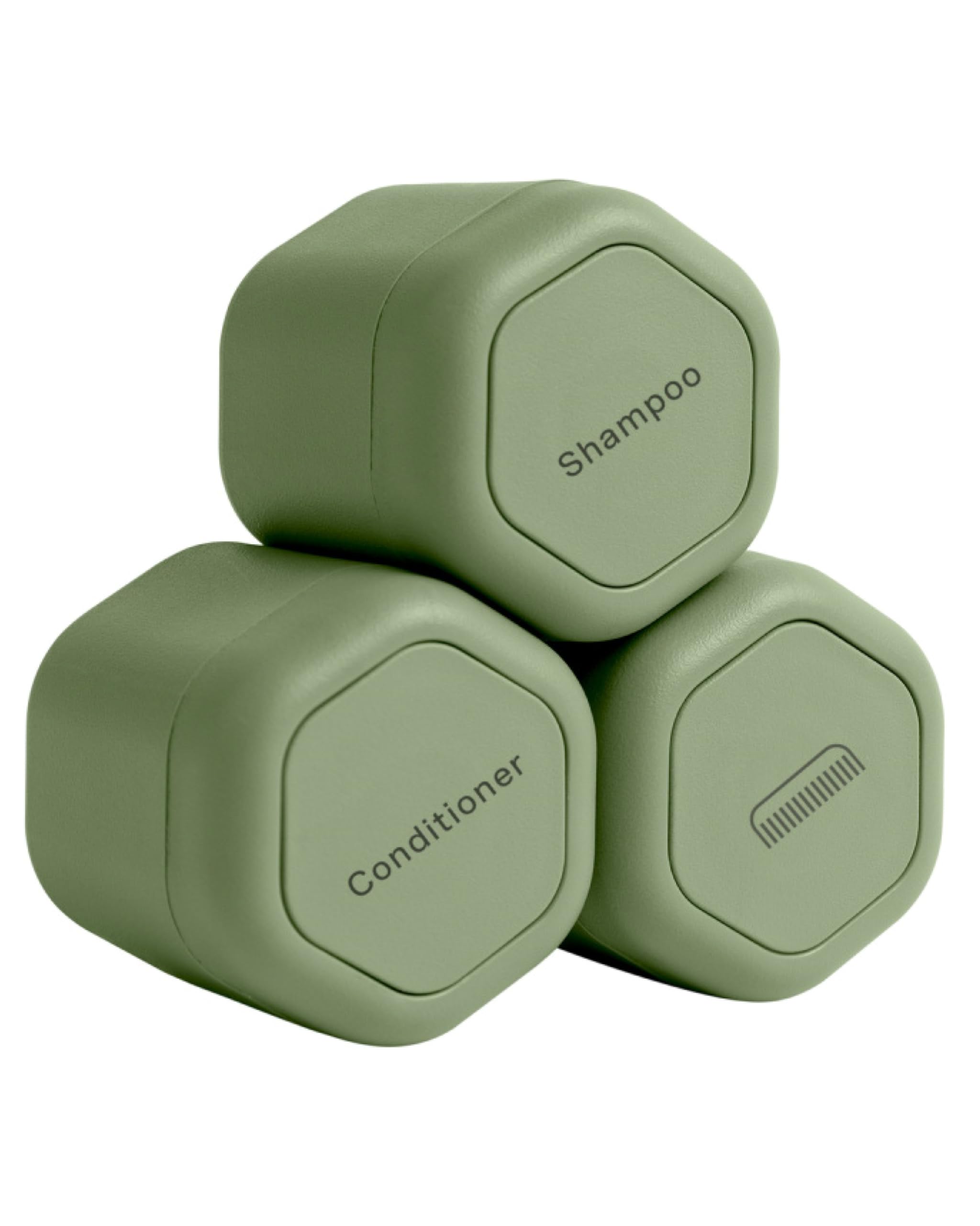 Cadence Travel Containers - Haircare Set - Magnetic Travel Capsules - For Shampoo, Conditioner, Hair Styling Product - 3 Flex Mediums (1.32oz) with Shampoo, Conditioner & Comb Icon Labels - Eucalyptus