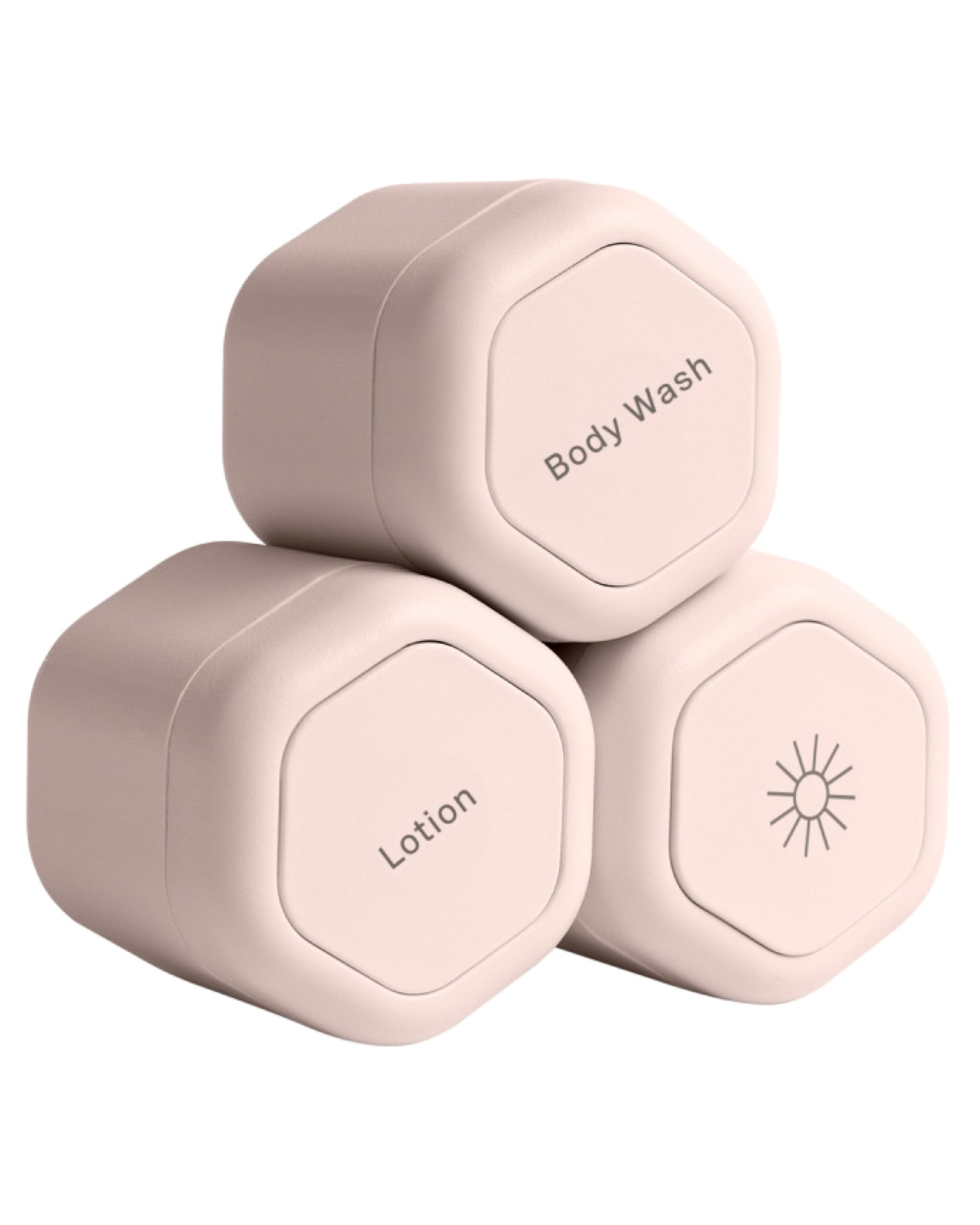 Cadence Travel Containers - Body Care Capsule Set - Magnetic Travel Capsules - For Wash, Lotions, Sunscreens - 3 Flex Mediums (1.32oz) with Body Wash, Lotion, & Sun Icon Labels - Charcoal