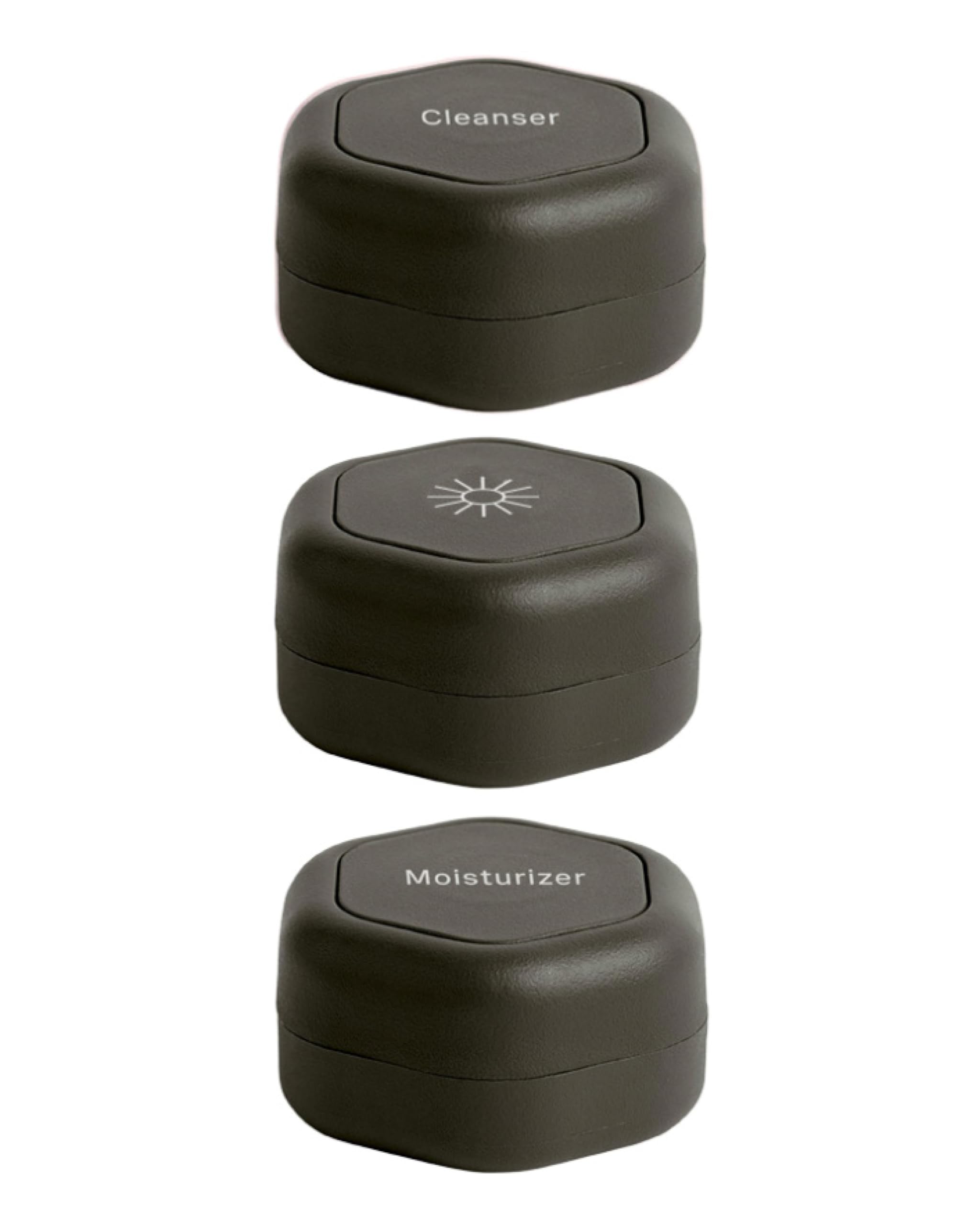 Cadence Travel Containers - Basic Skincare Set - Magnetic Travel Capsules - Facial Cleanser, Moisturizer, Sunscreen - 3 Small Capsules (0.56oz) with Cleanser, Moisturizer & Sun-Icon Labels - Charcoal