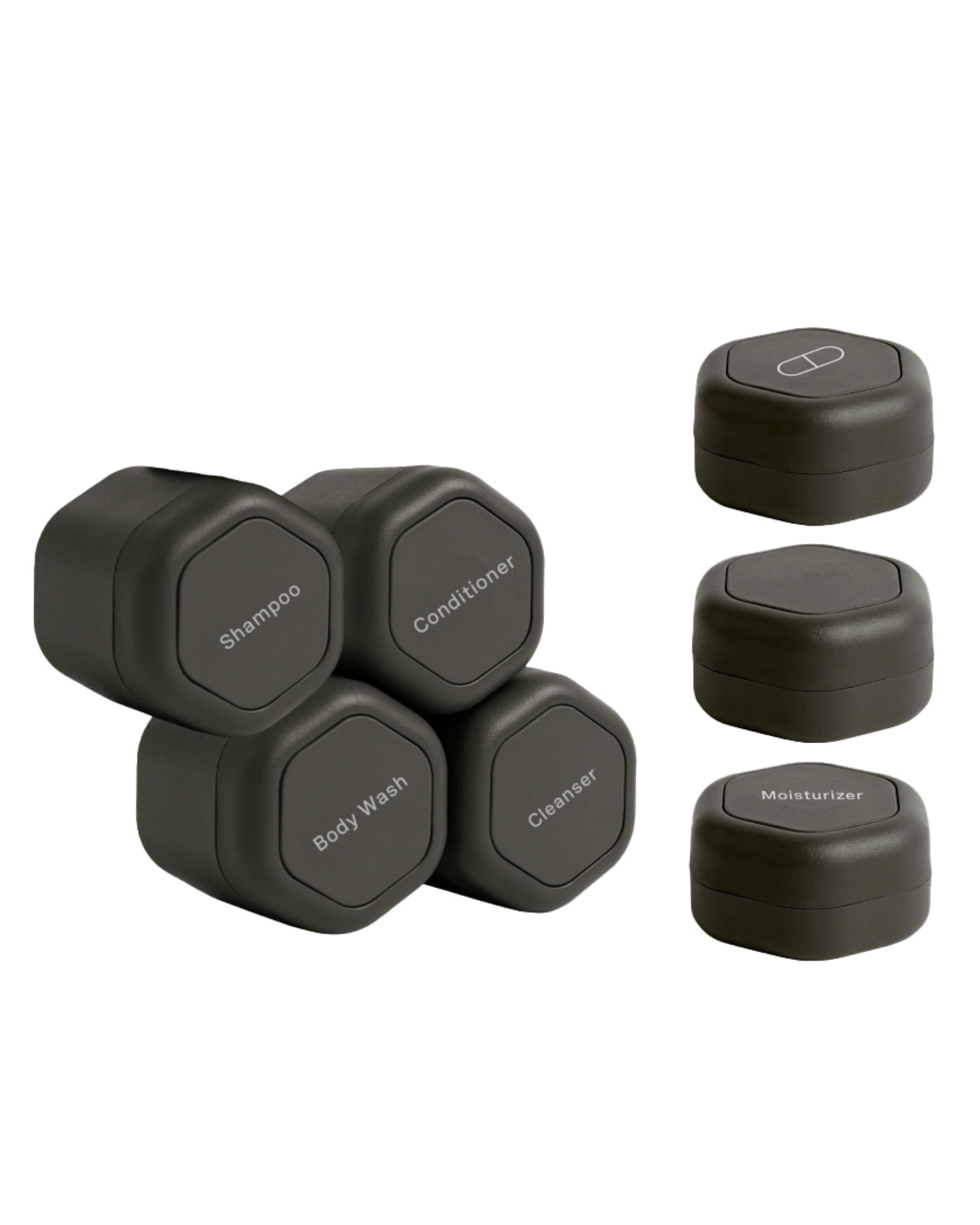 Cadence Travel Containers - Daily Routine Capsule Set - Magnetic Travel Capsules - For Shampoo, Conditioner, Body Wash, Pills, and More - 4 Flex Mediums (1.32oz) & 3 Flex Smalls (0.56oz) - Charcoal