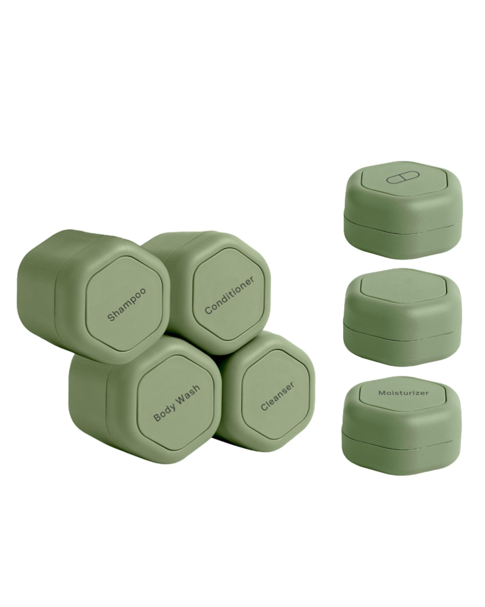 Cadence Travel Containers - Daily Routine Capsule Set - Magnetic Travel Capsules - For Shampoo, Conditioner, Body Wash, Pills, and More - 4 Flex Mediums (1.32oz) & 3 Flex Smalls (0.56oz) - Petal