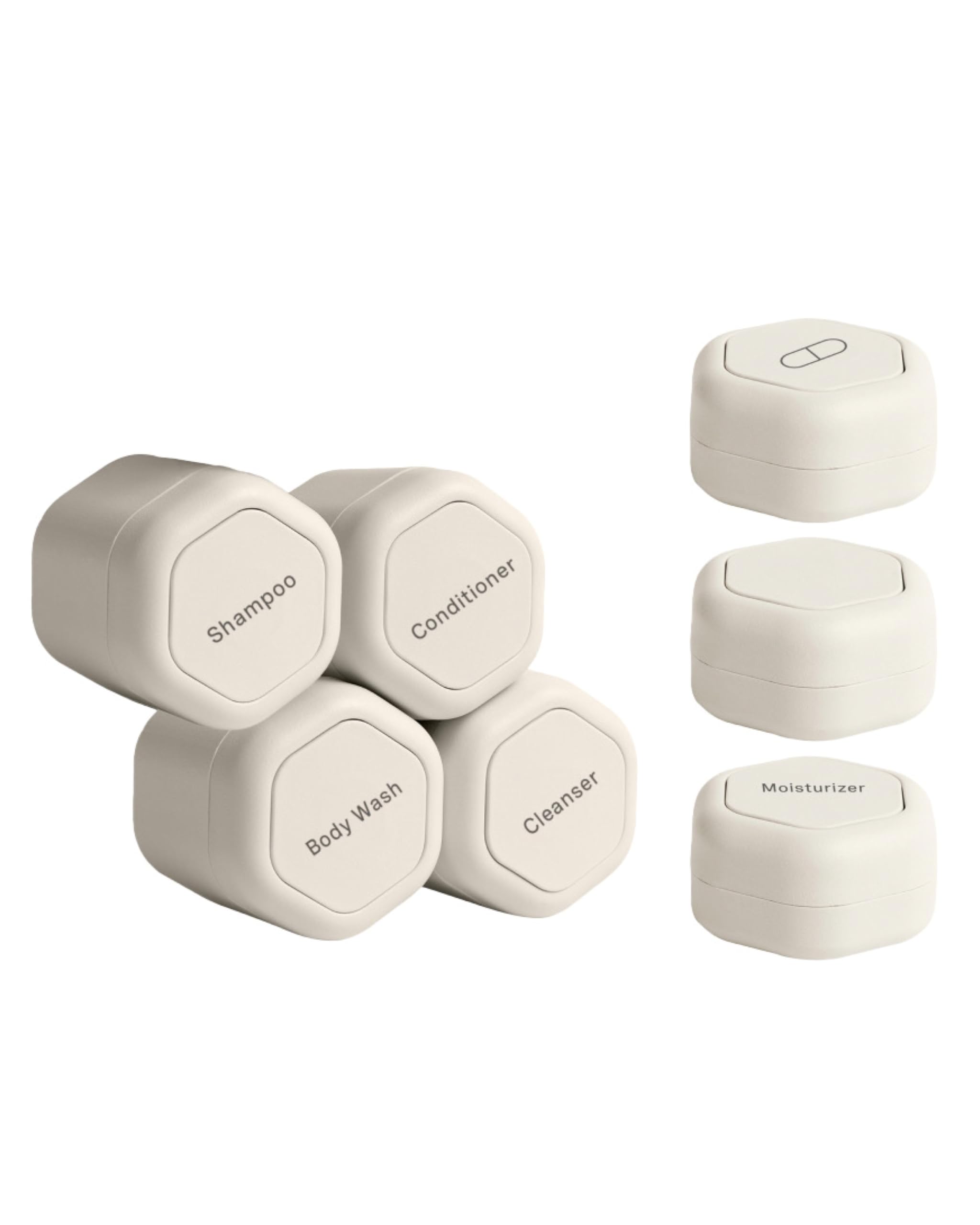 Cadence Travel Containers - Daily Routine Capsule Set - Magnetic Travel Capsules - For Shampoo, Conditioner, Body Wash, Pills, and More - 4 Flex Mediums (1.32oz) & 3 Flex Smalls (0.56oz) - Petal