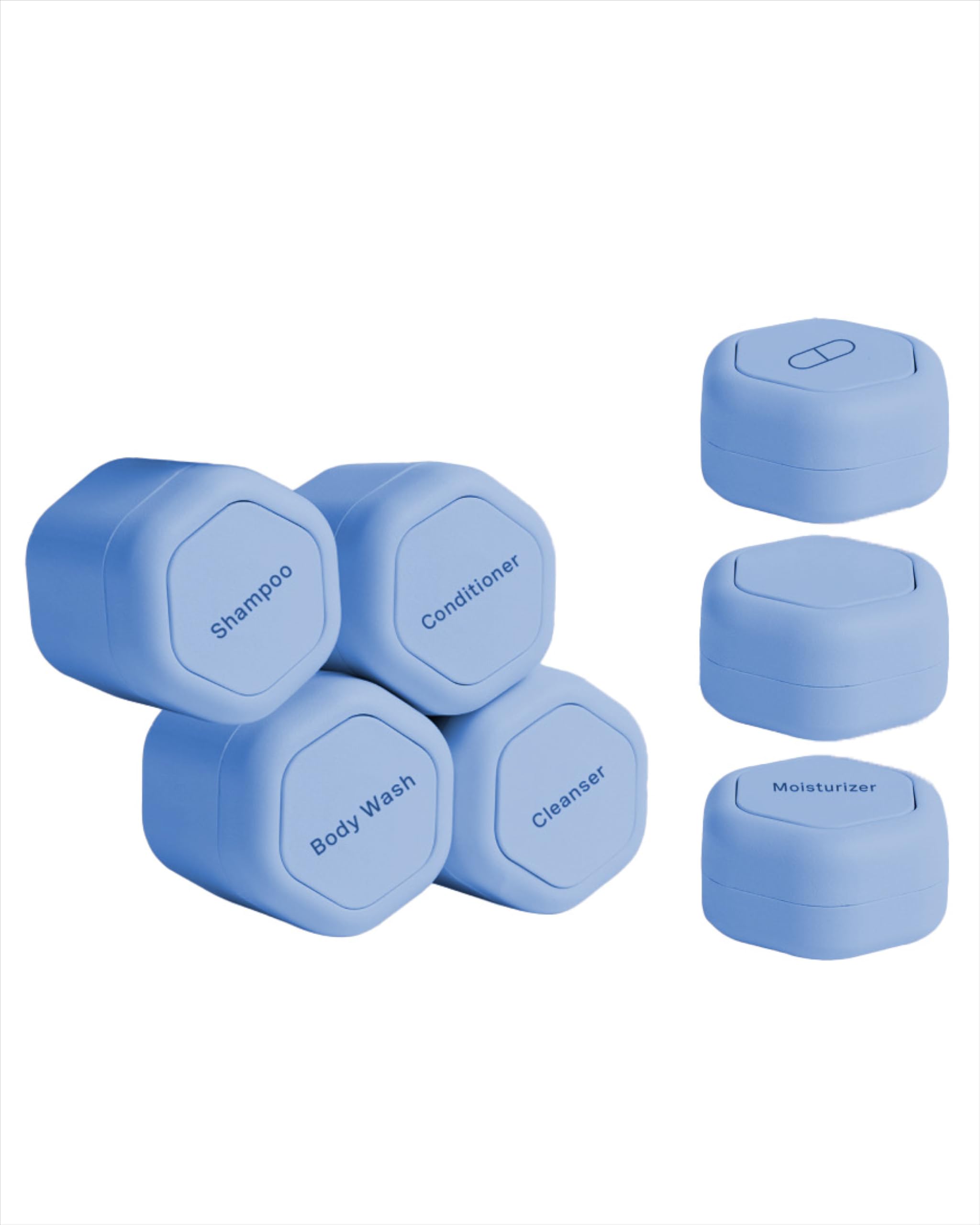 Cadence Travel Containers - Daily Routine Capsule Set - Magnetic Travel Capsules - For Shampoo, Conditioner, Body Wash, Pills, and More - 4 Flex Mediums (1.32oz) & 3 Flex Smalls (0.56oz) - Eucalyptus