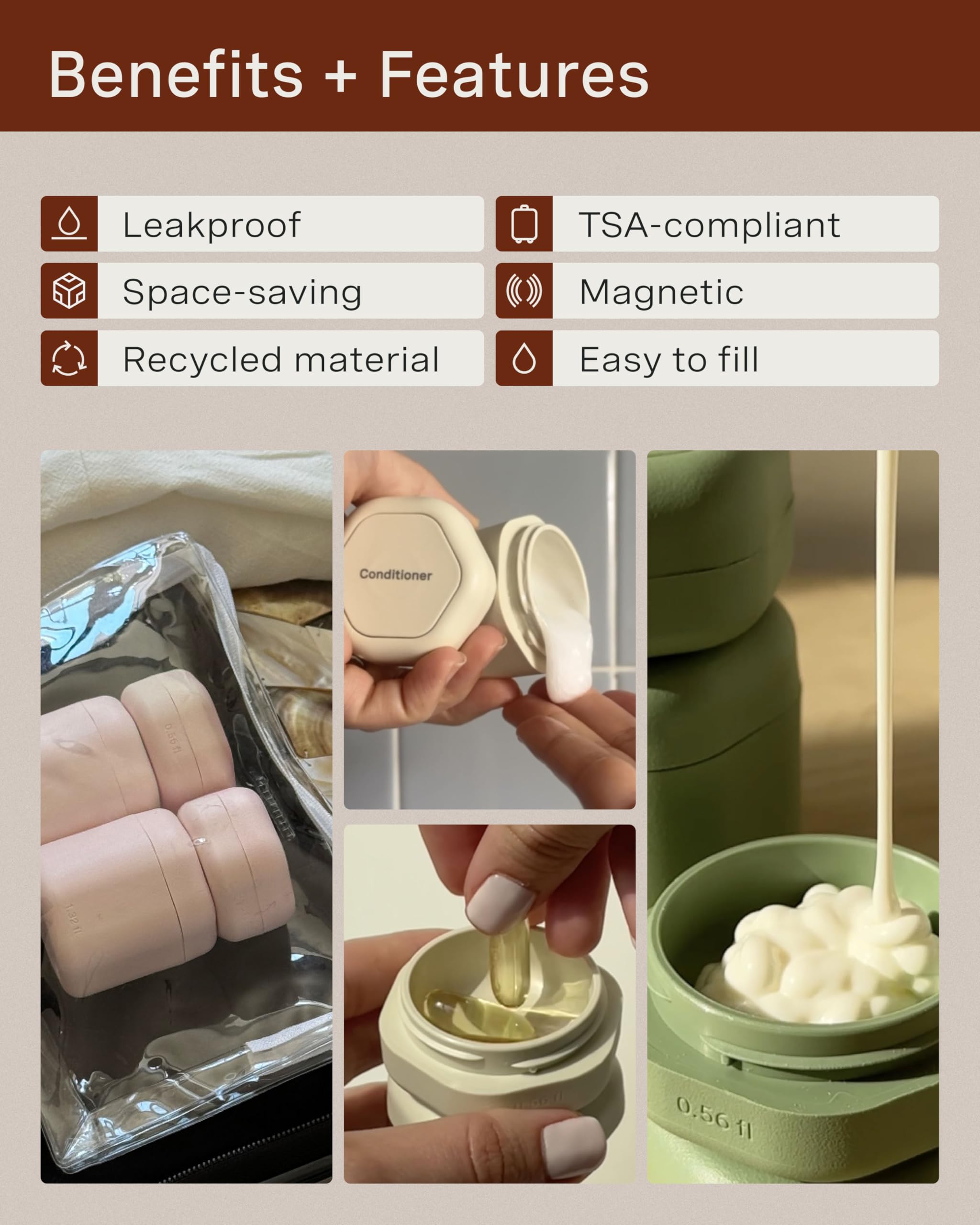 Cadence Travel Containers - Daily Routine Capsule Set - Magnetic Travel Capsules - For Shampoo, Conditioner, Body Wash, Pills, and More - 4 Flex Mediums (1.32oz) & 3 Flex Smalls (0.56oz) - Eucalyptus