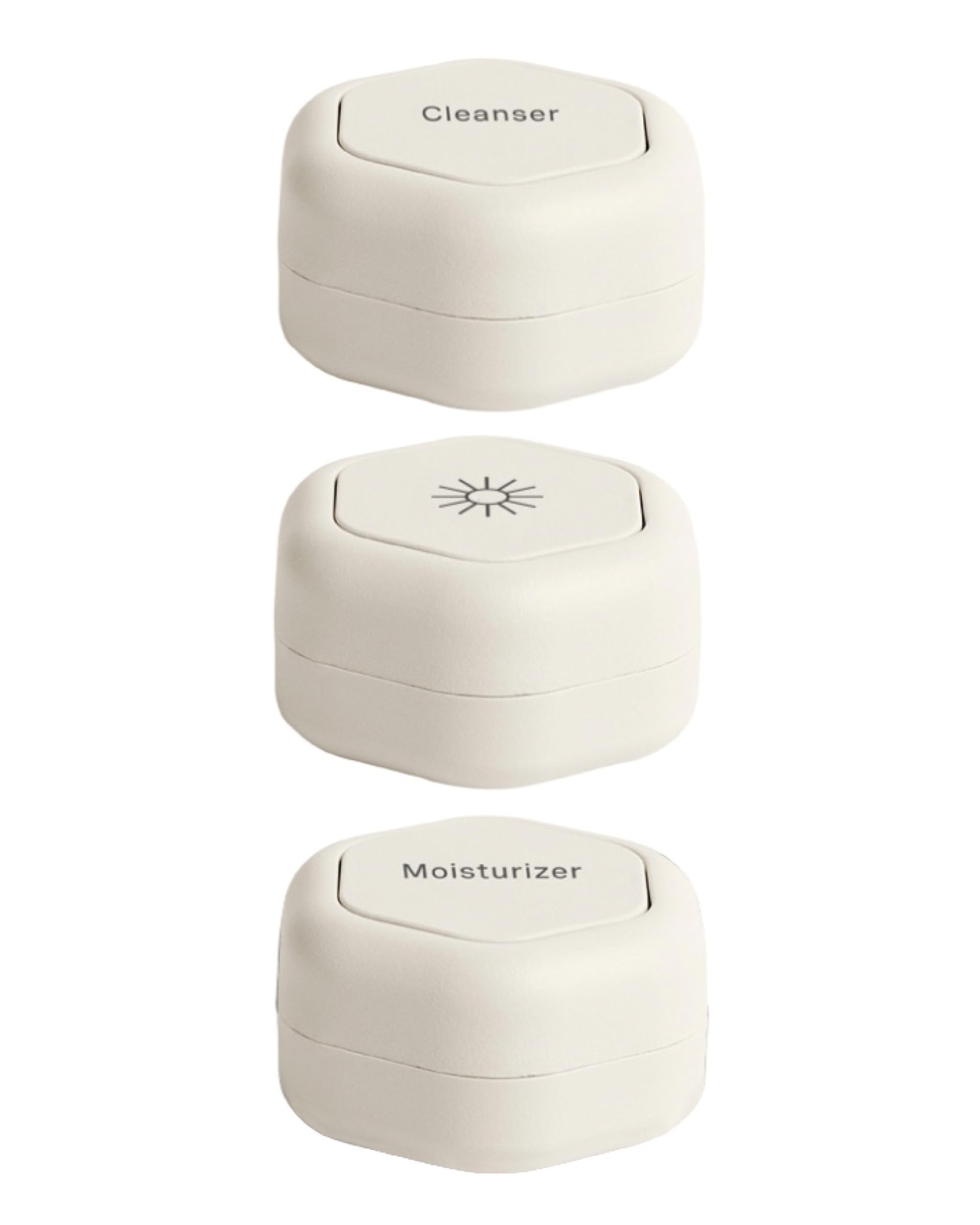 Cadence Travel Containers - Basic Skincare Set - Magnetic Travel Capsules - For Facial Cleanser, Moisturizer, Sunscreen - 3 Small Capsules (0.56oz) with Cleanser, Moisturizer & Sun-Icon Labels - Sand